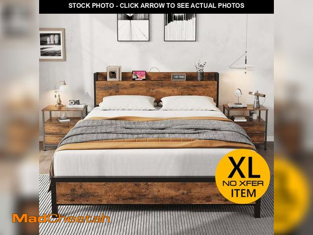 Lot 74-13790233 - King Size Bed Frame with Wooden Headboard and Footboard, Heavy Duty Metal Platform Bed with Charging...