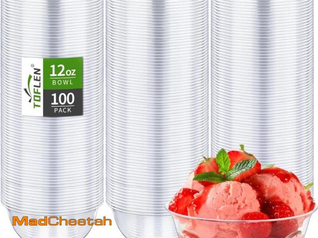 Lot 74-10639455 - TOFLEN 12 oz Clear Plastic Bowls, 100 Pack Disposable Small Hard Plastic Serving Bowls for Party, Ic...
