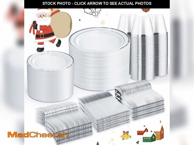 Lot 74-12718820 - WELLIFE 600 PCS Silver Disposable Dinnerware Set for 100 Guests, Wedding Plates Silver Plastic Plate...