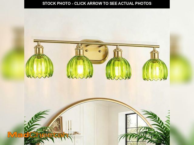 Lot 74-14366824 - Chuntsone Gold Bathroom Light Fixtures, 4-Light Vanity Lights for Bathroom with Ribbed Green Tulip G...