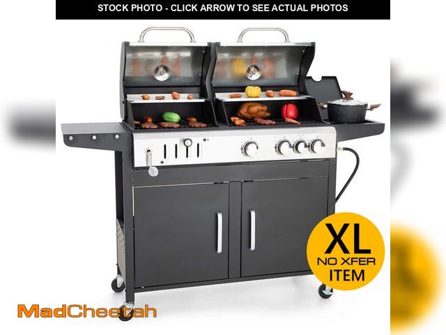 Lot 74-14292947 - (DENTED) PHI VILLA 3-Burner Dual Fuel Grill Propane and Charcoal in Black with Side Burner Hose and ...