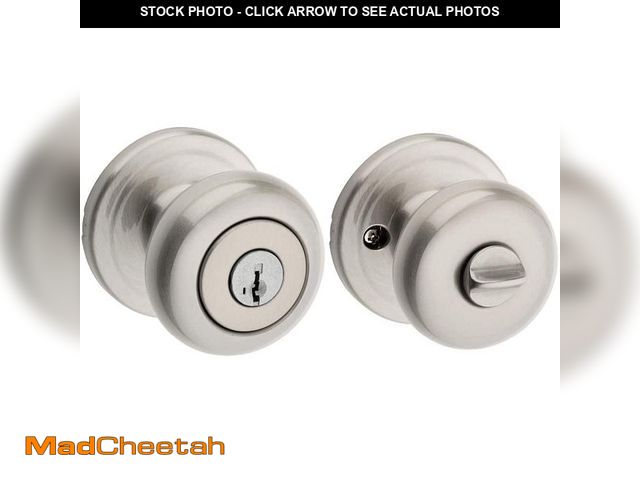 Lot 74-14354469 - Kwikset Juno Satin Nickel Entry Door Knob Featuring SmartKey Security with Microban Antimicrobial Te...