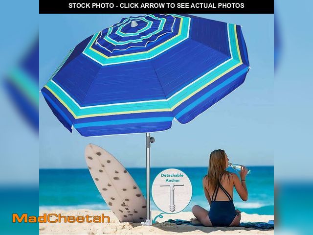 Lot 74-12802765 - AMMSUN 7ft Heavy Duty Beach Umbrella UPF50+ with Sand Anchor &amp; Tilt Shelter &amp; Bag,Blue Horiz...