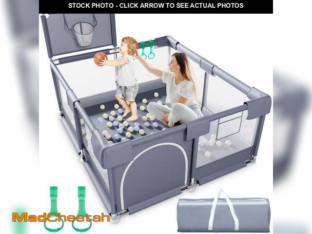 Lot 74-14588482 - Babyeap Baby Playpen, Play Yard, Toddlers Playards, 50"x50" Infant Travel Fence with Basket, Gray - ...