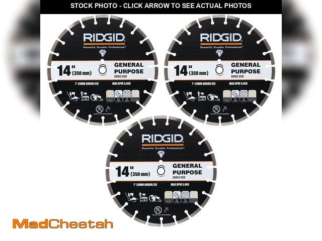 Lot 74-14198943 - RIDGID 14 in. General Purpose Cutting Segmented Rim Diamond Blades (3-Pack) - USED