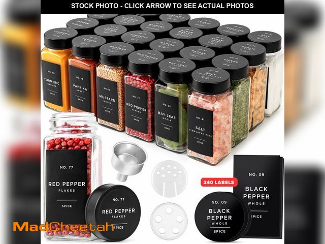 Lot 74-13624250 - EDELHAUS Glass Spice Jars with Label and Black Lids (24 x 4oz) Spice Containers with 240 Labels, Sha...