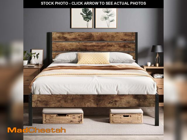 Lot 74-14355095 - (MISSING HARDWARE) Lifezone Queen Bed Frame with Rustic Vintage Wood Headboard and Footboard,Metal S...