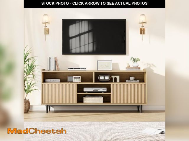 Lot 74-12393024 - Garvee Wood TV Stand for 55 inch, Boho Entertainment Center with Storage and Fluted Sliding Doors, F...