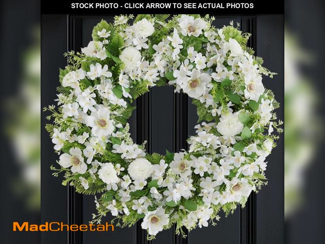 Lot 74-12369903 - BINFEN White Faux Silk Flower Spring Summer Easter Wreath 24-26" for Front Door - Anemone Daisy Tage...