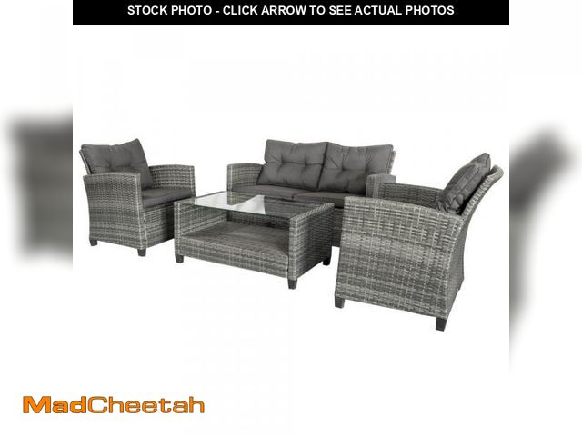 Lot 74-12104039 - Outsunny Grey 4-Piece Iron Plastic Rattan Patio Furniture Set with Dark Grey Cushions, 2-Single Chai...