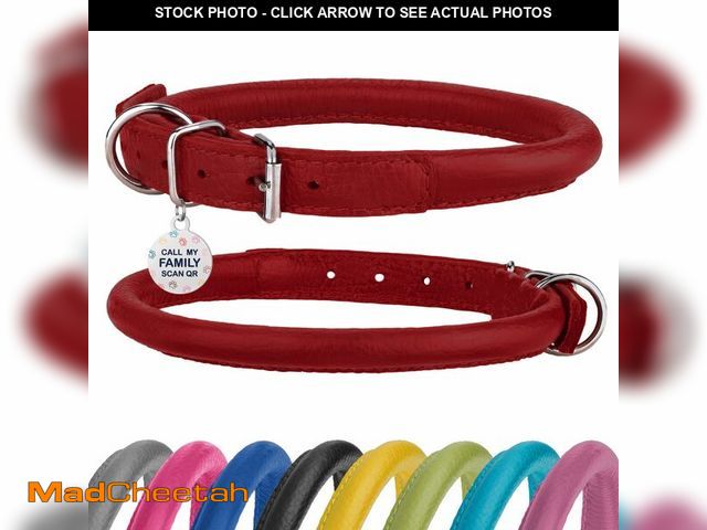 Lot 74-12716639 - Rolled Leather Dog Collar Soft Round Collars, ID Tag for Small Medium Large Dogs Rose Green (16-20 i...