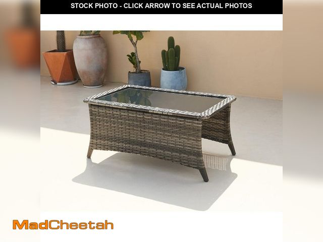 Lot 74-14242401 - HUMMUH Carolina Gray Wicker Outdoor Coffee Table with Black Glass Tabletop - UNUSED