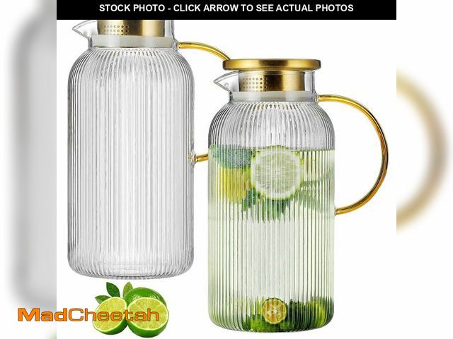 Lot 74-13622874 - Buaic 2 PACK Glass Pitcher with Lid, 68 oz/ 2 Liter Classic Vertical Stripes Water Pitcher with Hand...