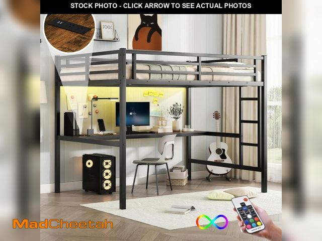 Lot 74-12403369 - Woenei Full Size Gaming Loft Bed with Desk Power Outlet and LED Lighting, Heavy Duty Full Loft Bed w...