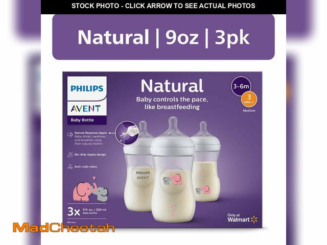 Lot 74-12860404 - Philips Avent Natural Baby Bottle with Natural Response Nipple (Medium Flow, Flow 3), with Pink Elep...