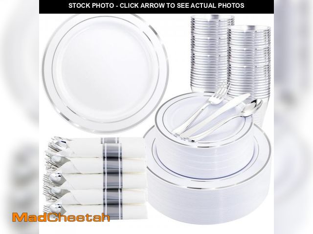 Lot 74-12444212 - WDF Partyware 350Piece Silver Plastic Dinnerware Set for 50 Guests - Silver Plastic Plates with Cutl...