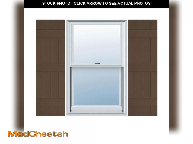 Lot 74-12235989 - 14 in. W X 63 in. H Vinyl Exterior Joined Board and Batten Shutters Pair in Federal Brown - UNUSED