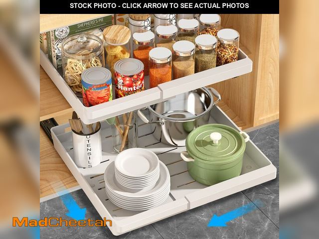 Lot 74-14058668 - DOMNIU 2 Pack Pull Out Cabinet Organizers Expandable, Plastic Slide Out Drawers for Kitchen, Bathroo...