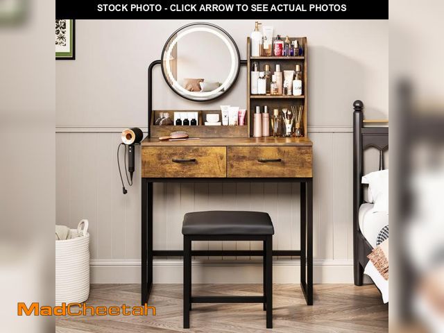 Lot 74-12156749 - Makeup Vanity Desk with Round Mirror and Lights, White Vanity Makeup Table with 2 Drawers, Small Van...