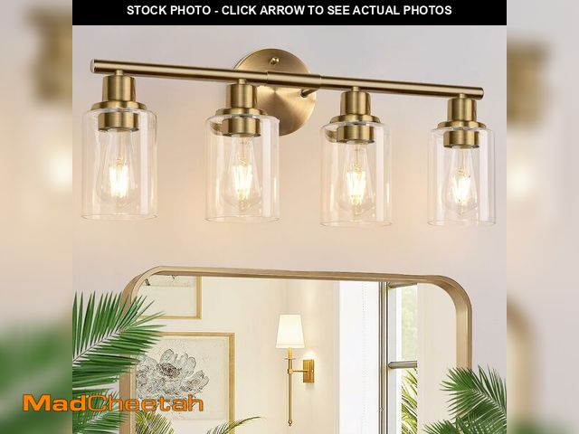 Lot 74-14387327 - Zarbitta 4-Light Bathroom Light Fixtures, Brushed Brass Modern Vanity Lights with Cyan Glass Shades,...