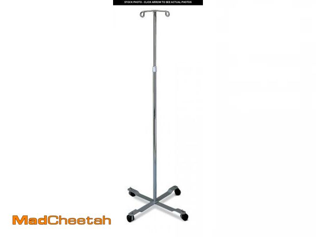 Lot 74-12510353 - Medline 4 Leg IV Poles Stand, 2 Hook, 4 Caster, Chrome, 47 to 85" Adjustable Height - UNUSED