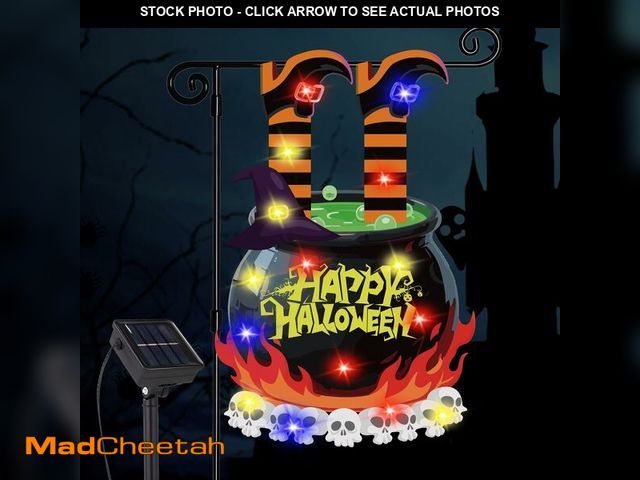 Lot 74-12712366 - GOAUS Halloween LED Garden Flag Light Up Solar Powered, Witch Cauldron Decorations Outdoor, Double S...