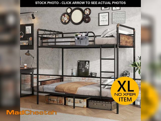 Lot 74-12667085 - Cocosity Metal Twin over Twin Bunk Bed with Storage Bag 2 Convertible Twin Beds , Antique Wood Grain...