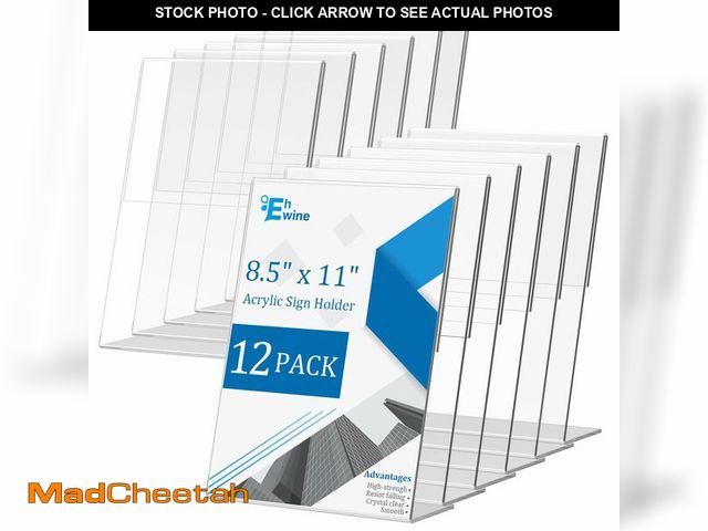 Lot 74-14146892 - EHWINE 12 Pack Acrylic Sign Holder 8.5 x 11, L Shape Clear Plastic Display Stand, Slanted Back Pictu...