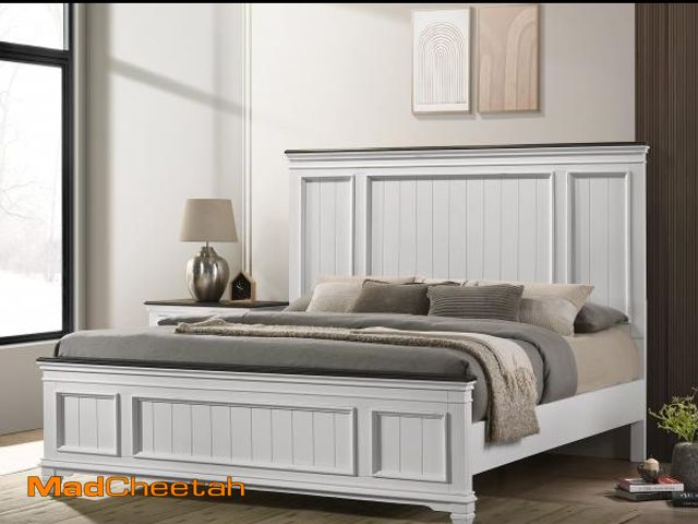 Lot 74-12140145 - (HEAD AND FOOT BOARD ONLY) Roundhill Furniture Clelane Shiplap Wood Panel Bed, King, Weathered White...