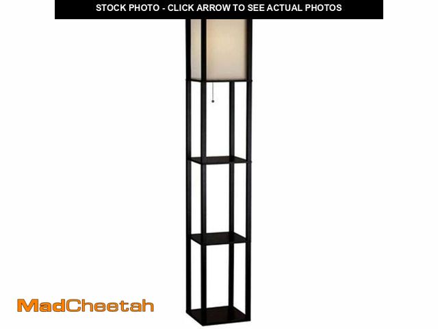 Lot 74-12557301 - Hampton Bay 62.75 in. Black Shelf Floor Lamp with Ivory Fabric Lamp Shade - UNUSED