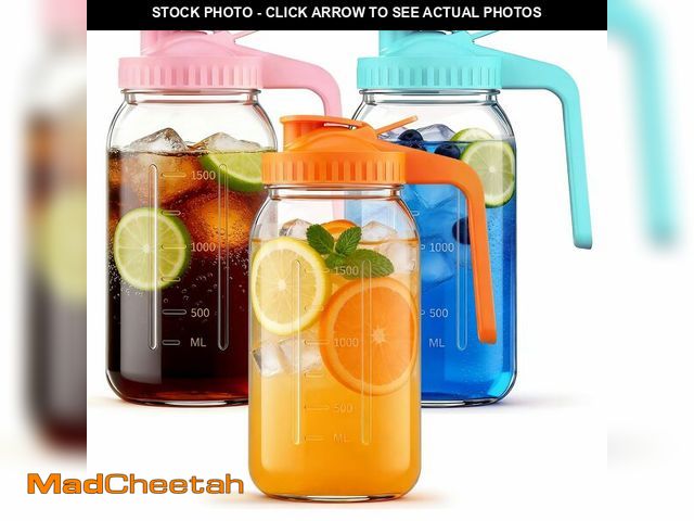 Lot 74-14263746 - 3-Pack 64oz Glass Mason Jar Pitchers with Leak-Proof Lids and Handles Ã¢â¬â Wide Mouth Design for...
