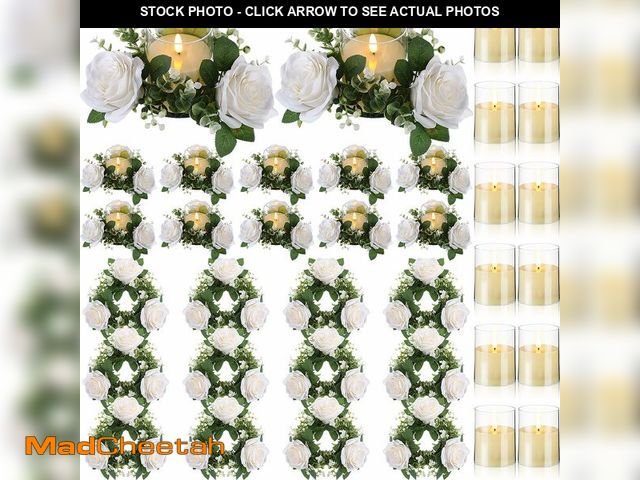 Lot 74-12719277 - Yunlly Artificial Rose Candle Rings Wreaths 3 Inch Wedding Centerpiece LED Flameless Candles Eucalyp...