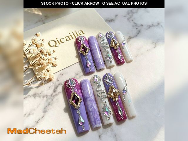 Lot 74-13990493 - Extra Long Handmade Press On Nails Square Violet Fake Nails Glitter Full Cover False Nails with Glue...