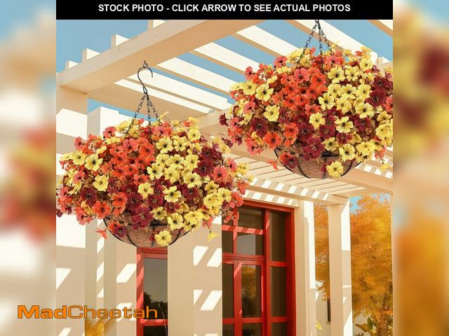 Lot 74-12712247 - Geegoods 2 Set Artificial Hanging Basket Fall Flowers for Outdoor, Fake Faux UV Resistant Look Real ...