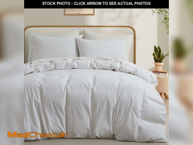 Lot 74-14382631 - LOVQUE 100% Washed Cotton Duvet Cover Queen Size, White Linen Like Breathable Natural Bedding Set (N...