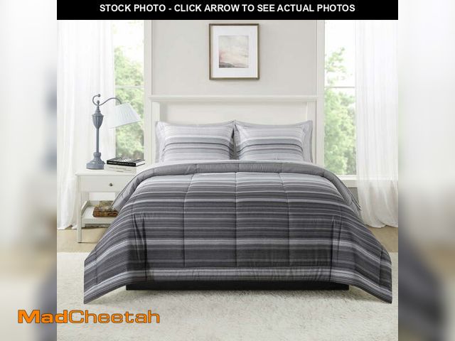 Lot 74-12686662 - Mainstays All in One Reversible Comforter and Sheet set- 7 Piece, Full, Gray Stripe - UNUSED