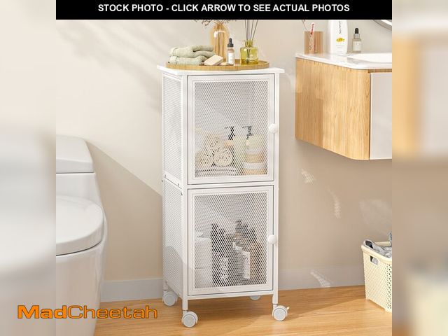 Lot 74-12705808 - Small Bathroom Storage Cabinet with Movable Wheels, Wooden Bathroom Standing Shelf with 2 Metal Door...