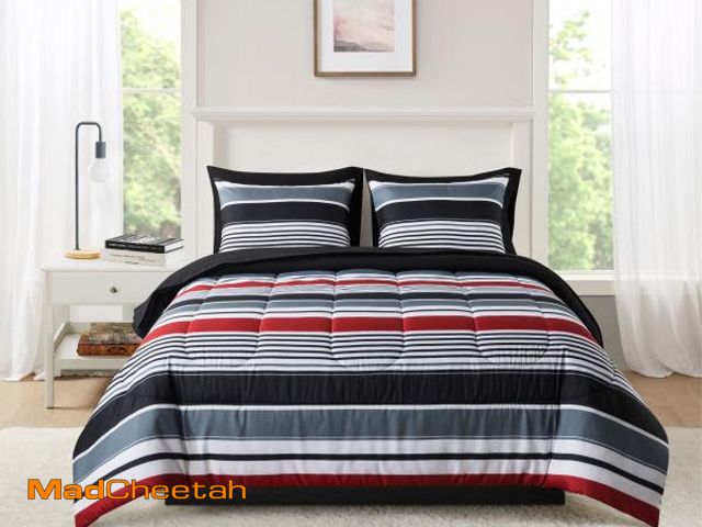 Lot 74-12427582 - Mainstays 7-Piece Reversible Bed in a Bag Comforter Set with Sheets, Red and Black Stripe, Queen - U...