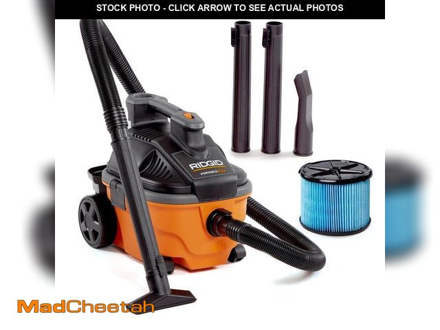 Lot 74-14559172 - RIDGID 4 Gal. 5.0 Peak HP Portable Shop Vacuum Wet Dry Vac with Fine Dust Filter, Locking Hose and A...