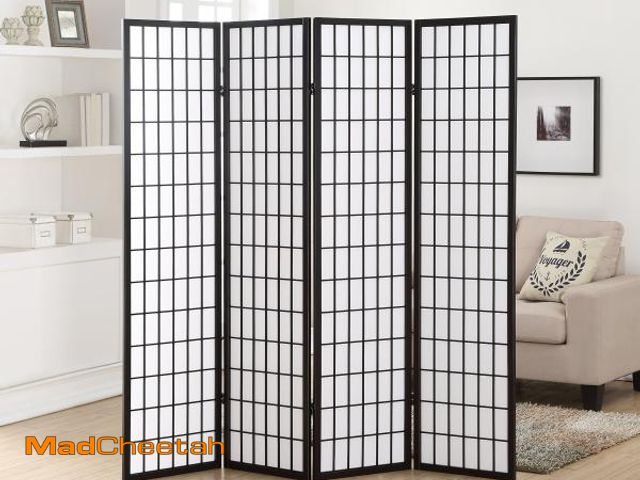 Lot 74-12515139 - Roundhill Furniture Oriental Shoji 4 Panel Screen Room Divider, Black - UNUSED