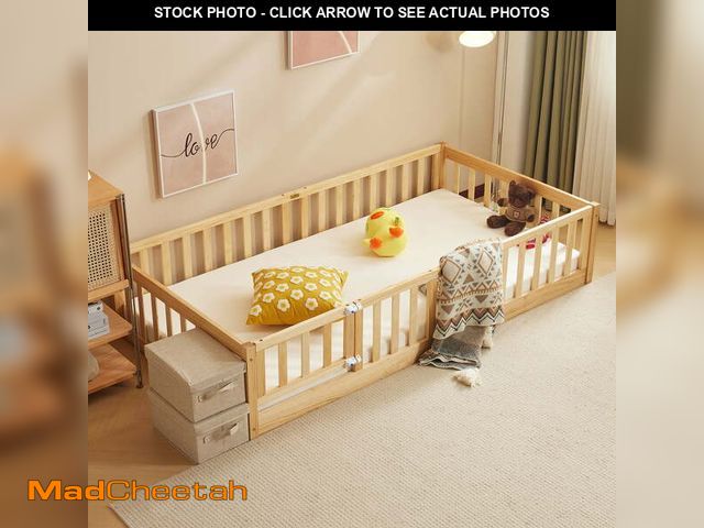 Lot 74-12679705 - Zimtown Montessori Floor Bed Frame, Twin Size Bed with Fence and Door, Wooden Platform Bed, Natural ...