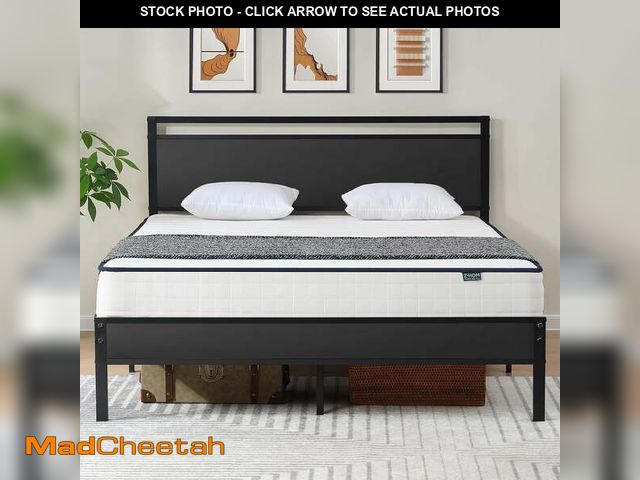 Lot 74-12837204 - Z-HOM Queen Size Metal Platform Bed Frame with Wooden Headboard and Footboard,Black - UNUSED