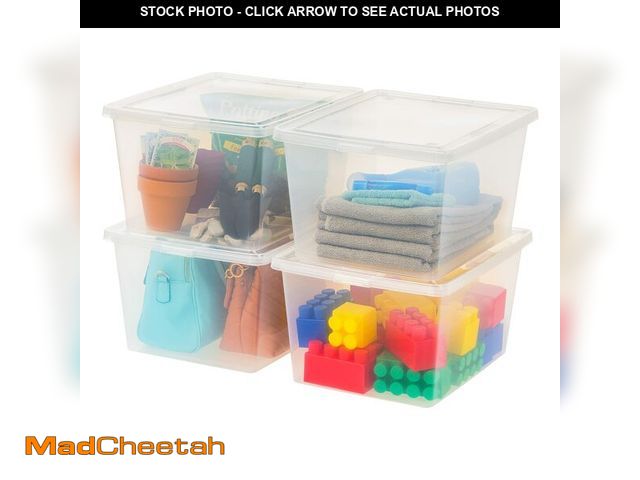 Lot 74-13801064 - IRIS USA 4-Pack Storage Bins with Lids, 25 Quart, Clear Stackable Containers Box Organize Shoes Clos...