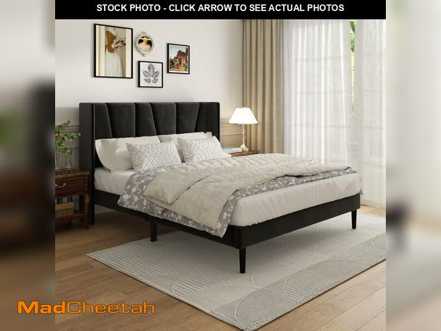 Lot 74-12898994 - Sismplly Queen Bed Frame with Headboard, Velvet Upholstered Queen Size Platform Bed and Wingback, Ma...
