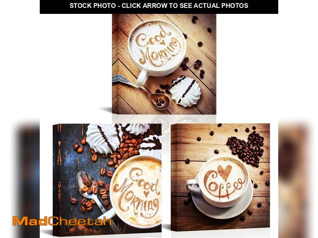 Lot 74-12973464 - iLOOKLiKE 3 Panels Kitchen Canvas Wall Art Coffee Beans Picture Prints Coffee Cup on Vintage Wooden ...