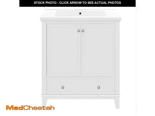 Lot 74-14590555 - Virubi 30 in. W Single Sink Bath Vanity in White with White Ceramic Top, Drawer and Adjustable Shelf...
