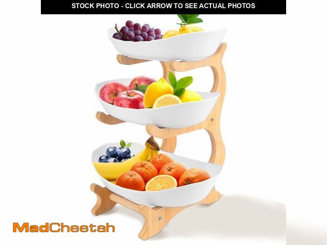 Lot 74-14064042 - RETON 3 Tier Fruit Bowl for Kitchen Countertop, Plastic Fruit Basket Rack with Bamboo Wood Stand for...