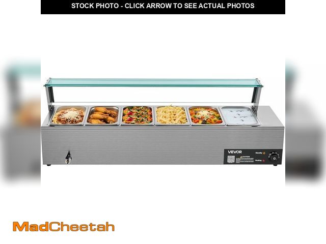 Lot 74-13072394 - VEVOR Commercial Food Warmer, 1500W Electric Stainless Steel Steam Food Warmer with Glass Cover, 6 x...