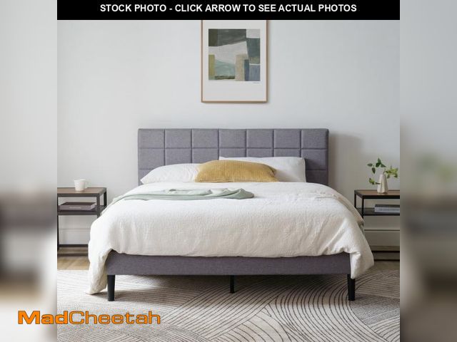 Lot 74-12426303 - Mainstays Upholstered Platform Bed, No Box Spring Needed, Gray, Queen - UNUSED