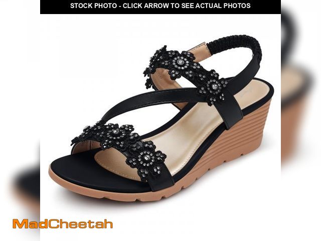 Lot 74-12312794 - SHIBEVER Wedge Sandals for Women Dressy Summer Black Open Toe Low Platform Wedges Sandals Flower Com...